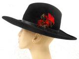 Vintage Rancher Cowboy Fedora Black Felt Hat Size 6 3/4 Small by Henri-Henri Montreal, Leather Ribbon, Large 3" Brim, Red Feathers