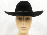 Vintage Rancher Cowboy Fedora Black Felt Hat Size 6 3/4 Small by Henri-Henri Montreal, Leather Ribbon, Large 3" Brim, Red Feathers