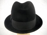 Vintage Executive Fedora Black Felt Hat Size 6 3/4 Small, 1 3/4 In Large Ribbon, Leather Sweatband, Red Feathers