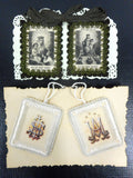 Lot of 4 Antique Hand Painted and Embroidered Necklaces, Silk Square Blocks, Catholic Pilgrimage, Mont Carmel, Gothic Churh Emblems
