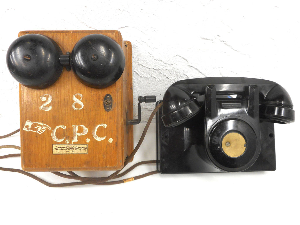 Antique 1920's Northern Electric Hand Crank Wall Telephone with Oak Wall Ringer Box, Bakelite, Wood, Brass