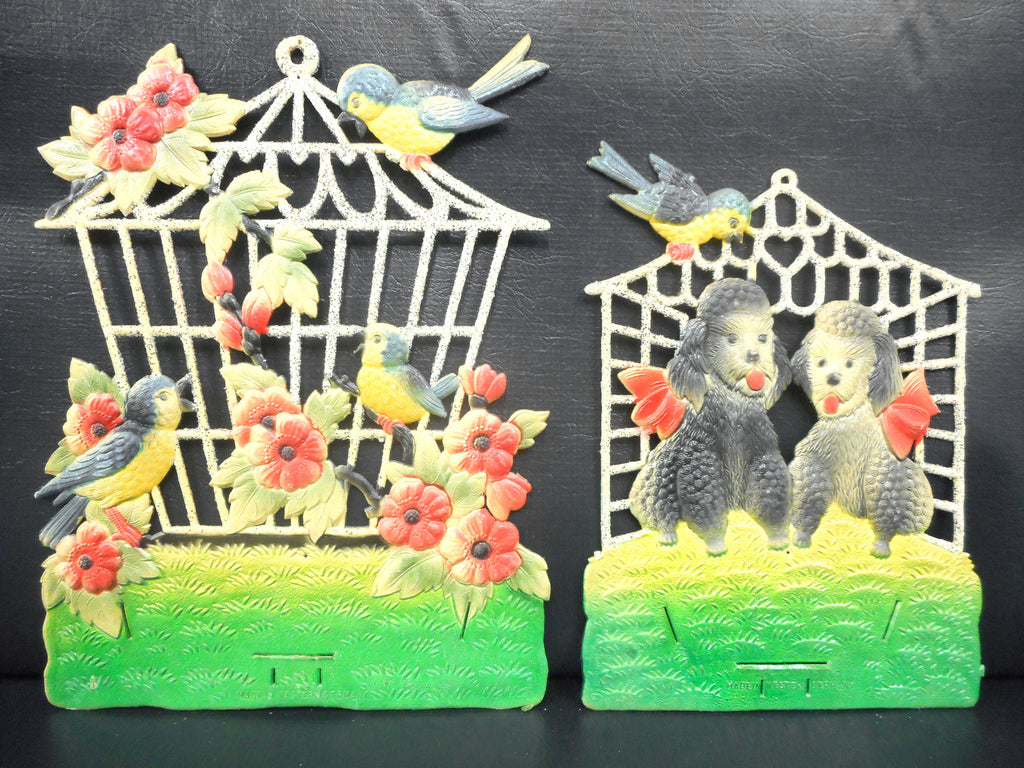 2 Vintage West German Caged Birds and Dogs Displays Cardboard Advertising, Birds, Cages and Poodles