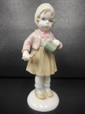 Vintage Porcelain Mad Girl Figure 5 1/4" Signed G. A. 617 with Crown Stamp, Child holding a Cup and Spoon, Pink Jacket, Hat Cap