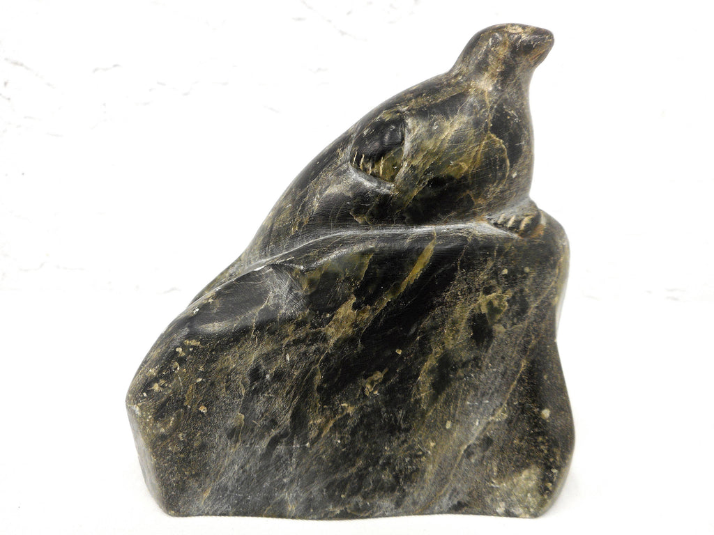 Vintage Inuit Eskimo Art Sculpture by Mary Pitseolak 4.5" Seal Resting on Ocean Rock, Hand Carved in Soapstone, Inuit Artist Born 1931