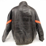 Vintage 1980's Black Leather Bomber Jacket Coat Size XL for Men, Orange Stripes, Motorcycle Racer, Quilted Interior, Made in Montreal Quebec