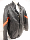 Vintage 1980's Black Leather Bomber Jacket Coat Size XL for Men, Orange Stripes, Motorcycle Racer, Quilted Interior, Made in Montreal Quebec