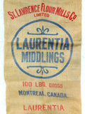 Vintage Burlap Sack Jute Bag 40X20" Montreal Quebec Advertising, St.Lawrence Flour Mills, Laurentia Middlings, Large Pillow or Tapestry