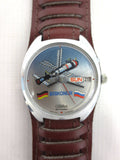 Vintage Slava Automatic Men's Watch from Russia, Day & Date, Russian Pilot Leather Band, Sputnik Baikonur Commemoration, Space Astronauts