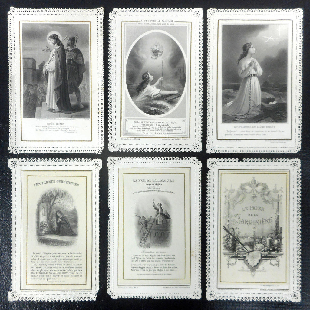 Lot of 6 Antique 1910's Religious Laced Prayer Cards Lithographs from Paris, Catholic Holly Scenes, Card Center Opens, 2 3/4 X 5"