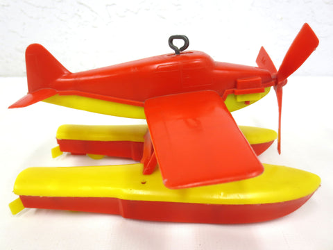 Vintage Wind-Up Toy Seaplane 9" Signed Lido, Red and Yellow Floating Mechanical Airplane, Working and Complete, Cessna 172 Skyhawk