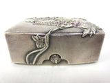Antique 1900's Chinese Silver Snuff Box, Embossed Trinket Pill Box with Flower, Medicinal Plant, Purple Green Enamel, Signed by Silversmith
