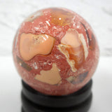 Vintage Rock Egg 2 3/8" Polished Fire Opal Rhyolite, Mexican Matrix Rock, Pink and White, Wood Base, Paperweight