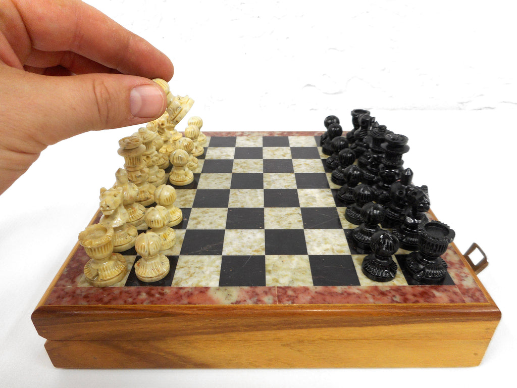 Handmade Luxury Chess Game Box 8X8", Wooden Box, Marble Top and Complete Chess Pieces, Portable, Latches