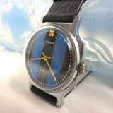 Vintage 1960's Pobeda Men's Watch from Russia USSR, Blue Black Stripes Dial, Silver Tone Hexagonal Case, Black Leather Band