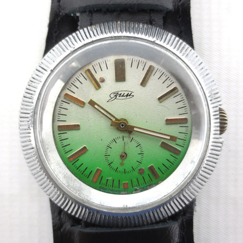 Vintage ZIM Pobeda 17 Jewels Large Round 43 mm Russian Men's Watch, Pilot Leather Band, Flying Saucer Case, Green Gradient Dial, USSR