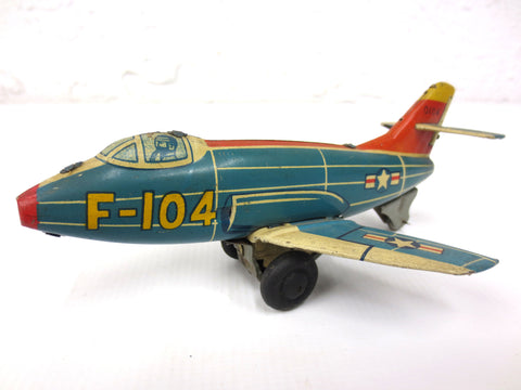 Vintage WWII Tin Toy Litho Airplane F-104 Fighter Jet by Haji Japan, Small 5 1/2", United States Air Force USAF