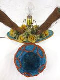 Vintage Mid Century Tiki Lamp 22", Blue & Orange Spun Lucite Spaghetti Shade and Boat Base, Plastic Flowers and Palm Trees