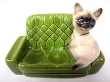 Vintage 1950's Mid Century Double Tobacco Pipe Holder, Siamese Cat on Green Sofa, Smoking Therapy Cat
