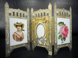 Antique Victorian Laced Wish Love Card and Picture Frame 6 X 10", Gold and Silver Standalone Triptych Screen, Lady, Angel, Cherub, Rose