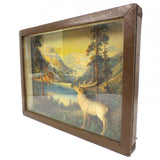 Vintage Antique Canadian Nature Forest Scene Framed Behind Glass 17X13", Wapiti Deer, Snowy Mountains, Hamilton Pictures, Montreal East