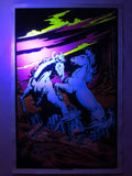 Vintage 1970's Felt Velvet Flocked Poster 17 X 11"  Glows Under Black Light, Psychedelic Blue Horses Fighting, Pink Desert Canyon, Signed