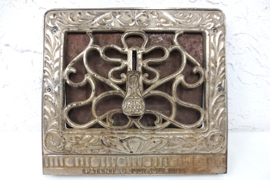 Antique 1906 Victorian Nickel Plated Wall Grate 13 X 11" Heat Register Vent, Open Close Trap Knob, Ornate