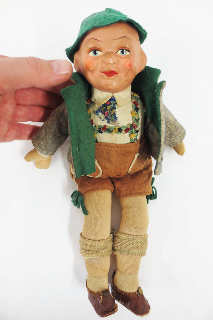 Antique 12" German Boy Doll, Composition Head, Felt Tyrolean Suit & Hat, Shoes