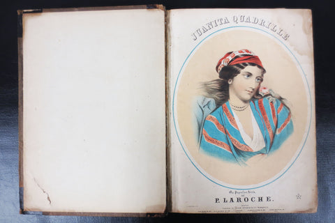 Antique 1850's Piano Music Scores Book, Juanita Quadrille by P. Laroche, Engravings, 14 X 10.5"