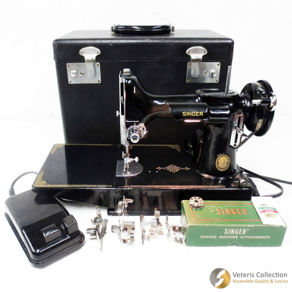Vintage 1952 Singer Featherweight 221K Portable Sewing Machine with Original Case, Food Pedal and 8 Accessories