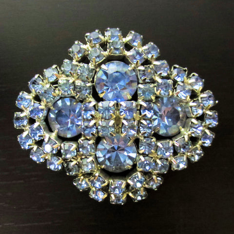 Vintage Evening Dress Brooch 2 1/4" with Light Blue Glass Stones, Silver Rhodium
