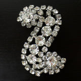 Vintage Evening Dress Brooch S Shape 2 3/8" Glass Stones, Silver Rhodium Plated