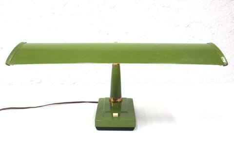 Vintage Mid Century Lmar Gooseneck Hooded Desk Lamp, Green & Gold Metal, Japan