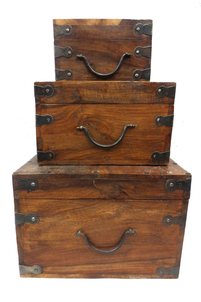 3 Nested Boxes Handmade in Exotic Wood with Metal Hinges & Handles 12 X 12 X 9"