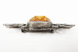Vintage Art Deco Silver Bow Brooch 3" Wide with Large Amber Glass Stone, Ornate