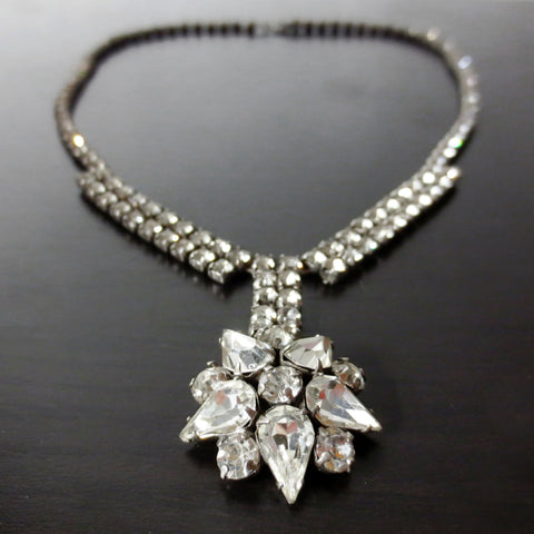 Vintage Jay Flex Sterling Evening Dress Necklace 15", Daisy Flower, Glass Stones