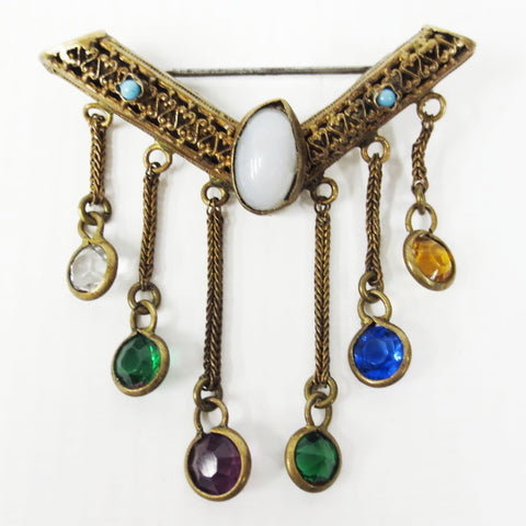 Vintage Art Deco Brass Filigree Brooch with Pendant Chains, Multicolored Stones