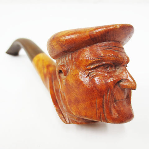 Vintage Never Used Figural Estate Tobacco Pipe, Old Man with Beret Hat, France