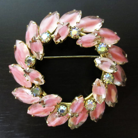 Vintage Evening Dress Pink Flower Brooch 2 1/4" Gold Tone, Round, Oval Stones