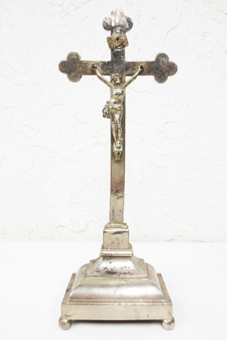 Antique Nickel Plated Chruch Pedestal Crucifix 12" Tall, Arma Christi, Germany