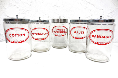 5 Vintage Glass Pharmacy Medical Supplies Jars by Merco, Bandages, Gauze, Cotton