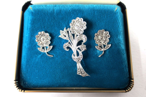 Vintage Sterling Silver Daisy Flower Earrings and Bouquet Brooch, Marcasite