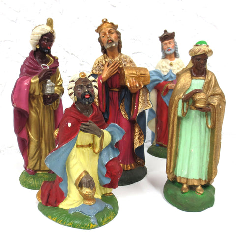 5 Tall Vintage Christmas Manger Creche Wizard Figurines, Paper Maché, Italy