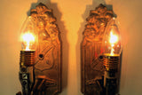 Antique Markel Electric Wall Sconces Light Fixture Pair, Armoured Knight & Crest