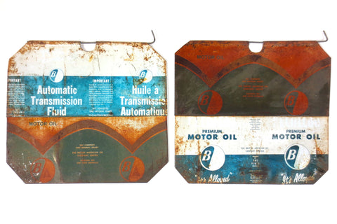 2 Vintage Pearless BA Motor Oil Advertising Panels, Flatten Metal Cans for Garage