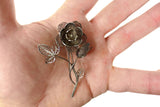 Antique Sterling Silver Filigree Flower Brooch 45X65 mm, Curvy Flower Stem