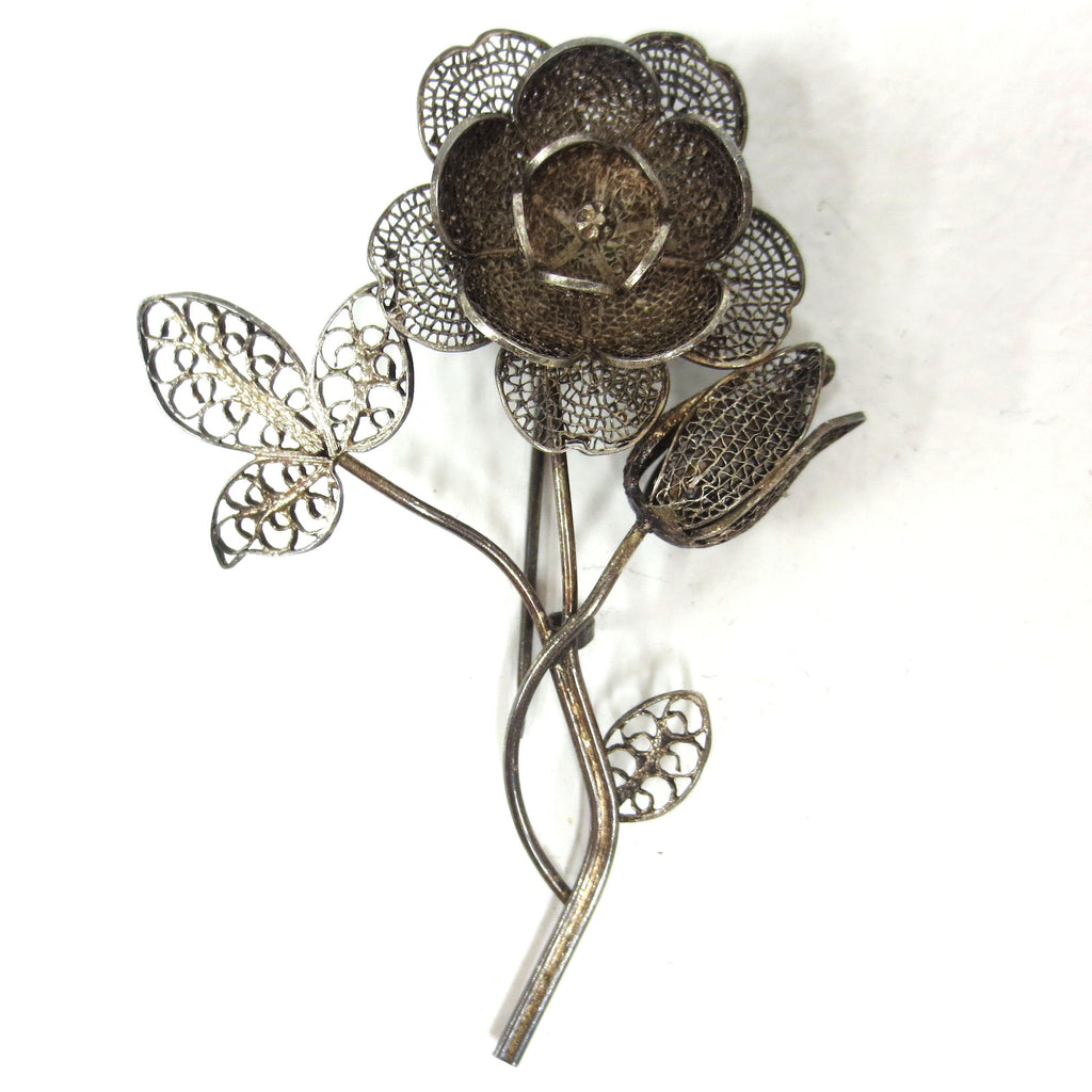 Antique Sterling Silver Filigree Flower Brooch 45X65 mm, Curvy Flower Stem